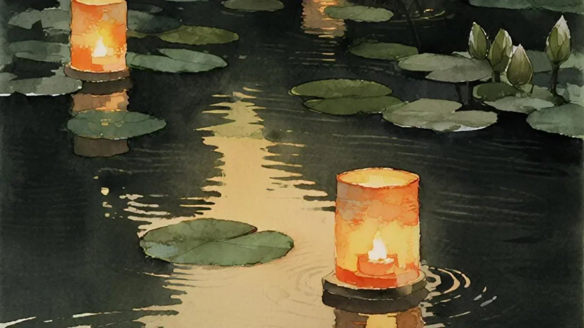 Lit floating river lanterns on a pond, a traditional custom for Chushu处暑 (End of Heat).