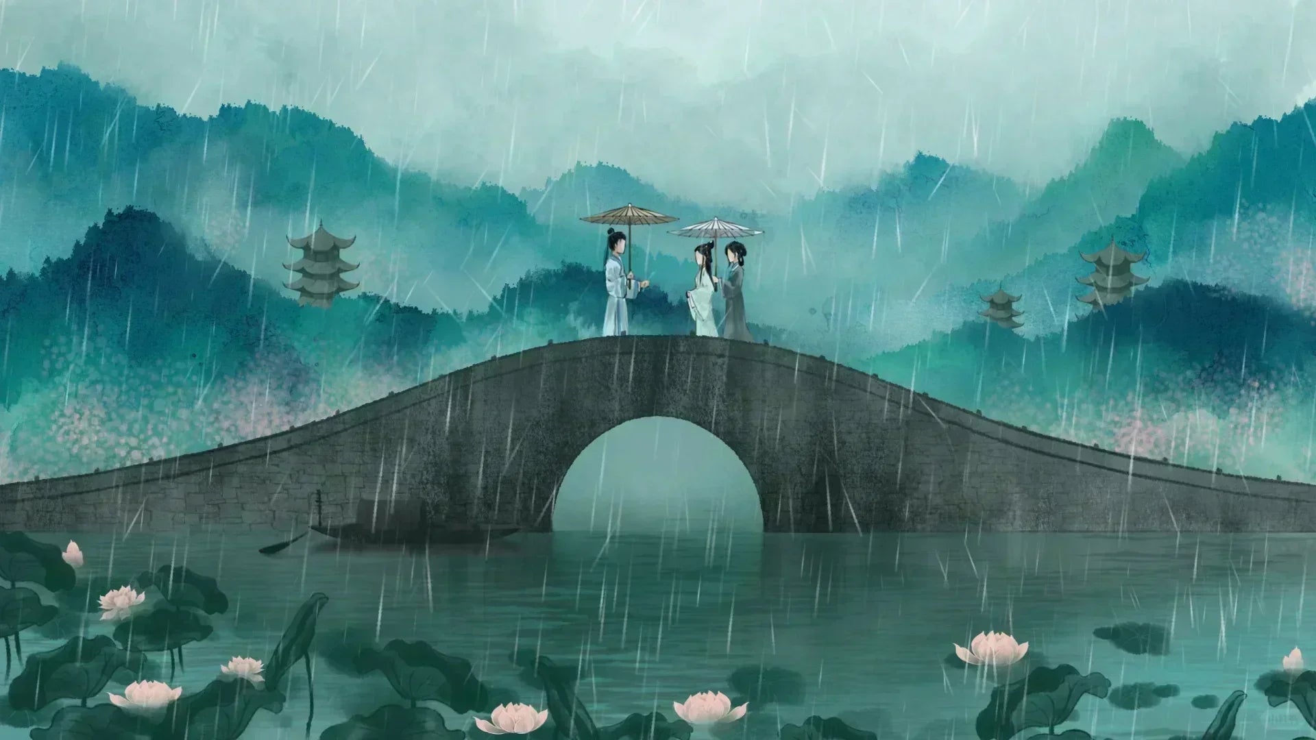 Bai Suzhen (White Snake) and Xiao Qing meet Xu Xian on the Broken Bridge in the rain, traditional Chinese painting style.