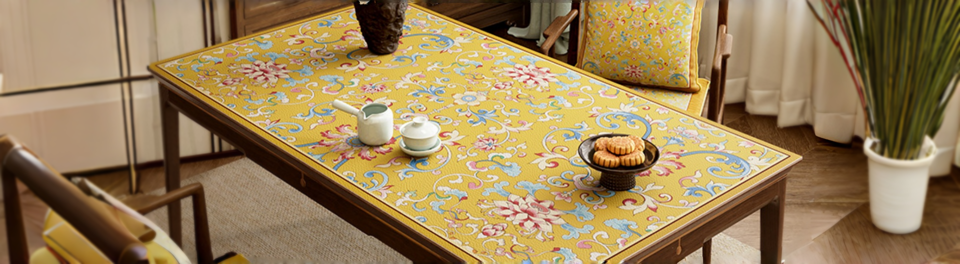 15% off new home decor banner: Yellow floral tablecloth with tea set and moon cakes on wooden table.