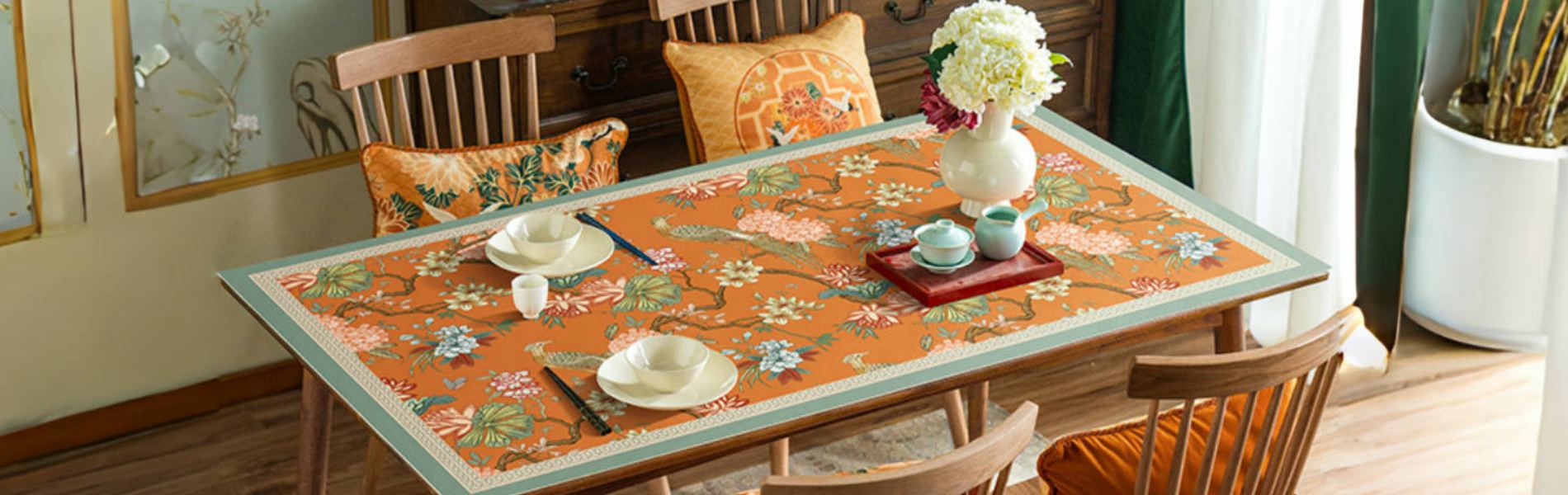 Chinoiserie Hydrangea Home Decor: Vintage Orange & Yellow Floral