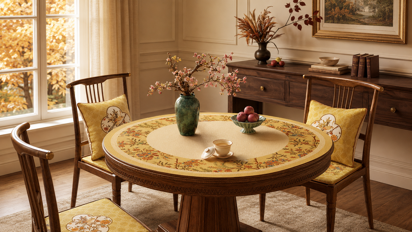 Autumn and winter chinoiserie home decor featuring an elegant dining table with patterned table mats, cushions, and warm seasonal accents.