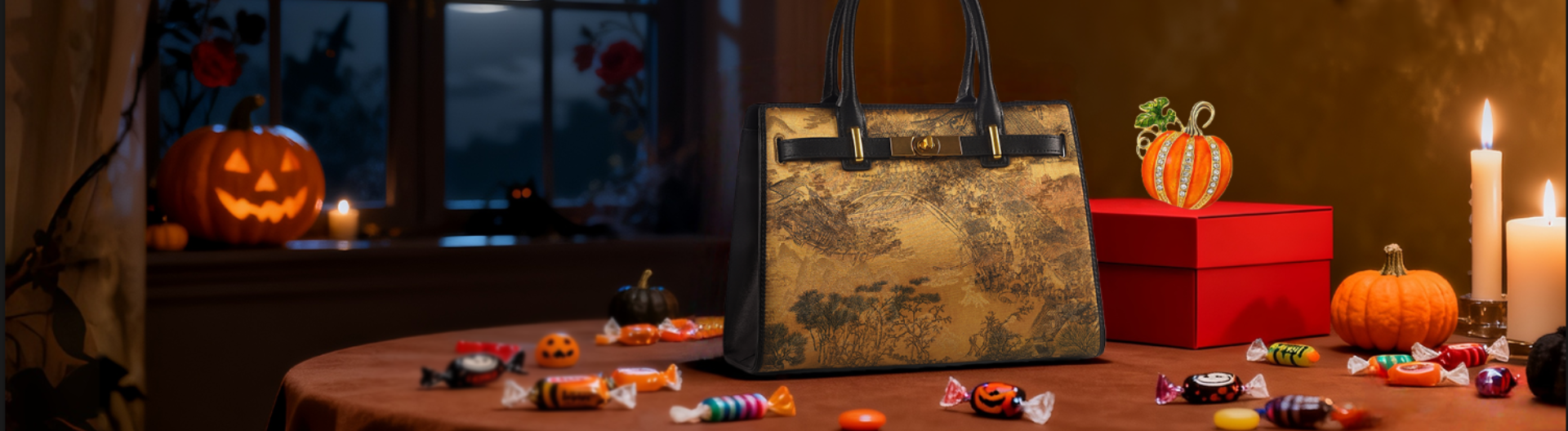 Halloween 2025 "Golden Shadows & Silk Nights" promotion banner featuring a golden silk handbag, pumpkins, candles, and a 12% off + free pumpkin brooch offer (Oct 18-31).