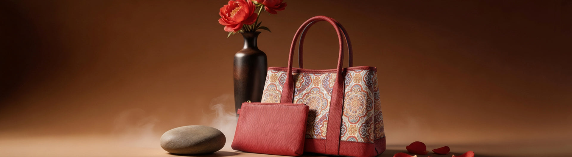 Banner for new chinoiserie tote bags featuring a red Song brocade tote and matching pouch.