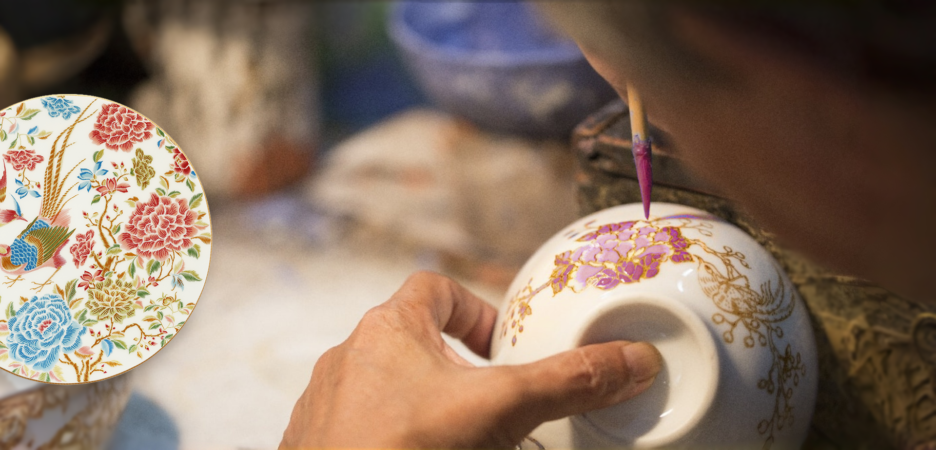 Artisan hand-painting floral and bird patterns on Sino Porcelain plates, showcasing the collection's handcrafted craftsmanship.