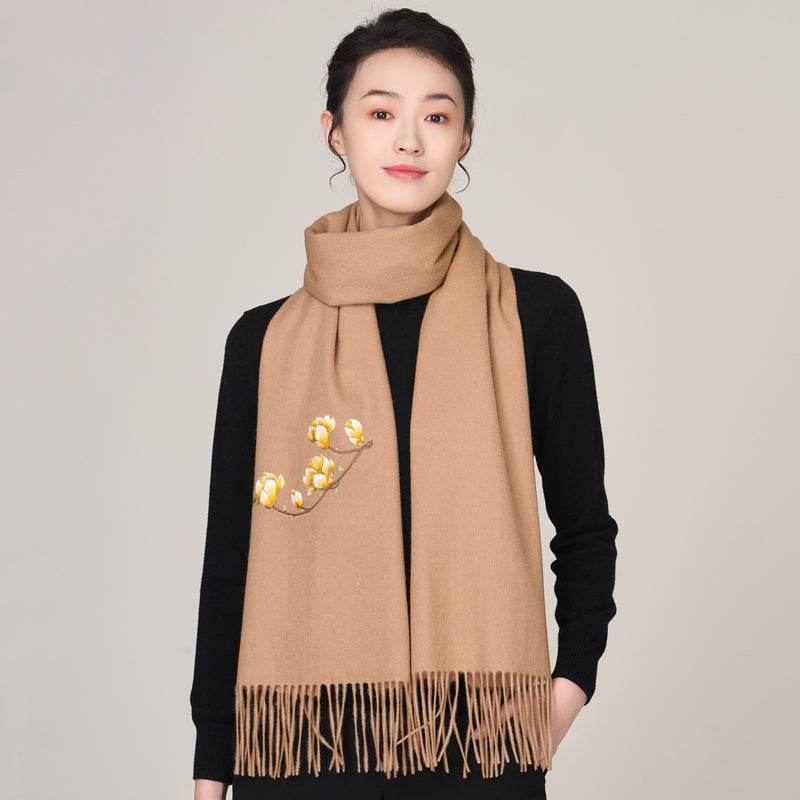 Handmade Suzhou Embroidery Wool Cashmere Scarf with Magnolia Flower 200x38cm - SinoCultural -- HYFSJ057-2