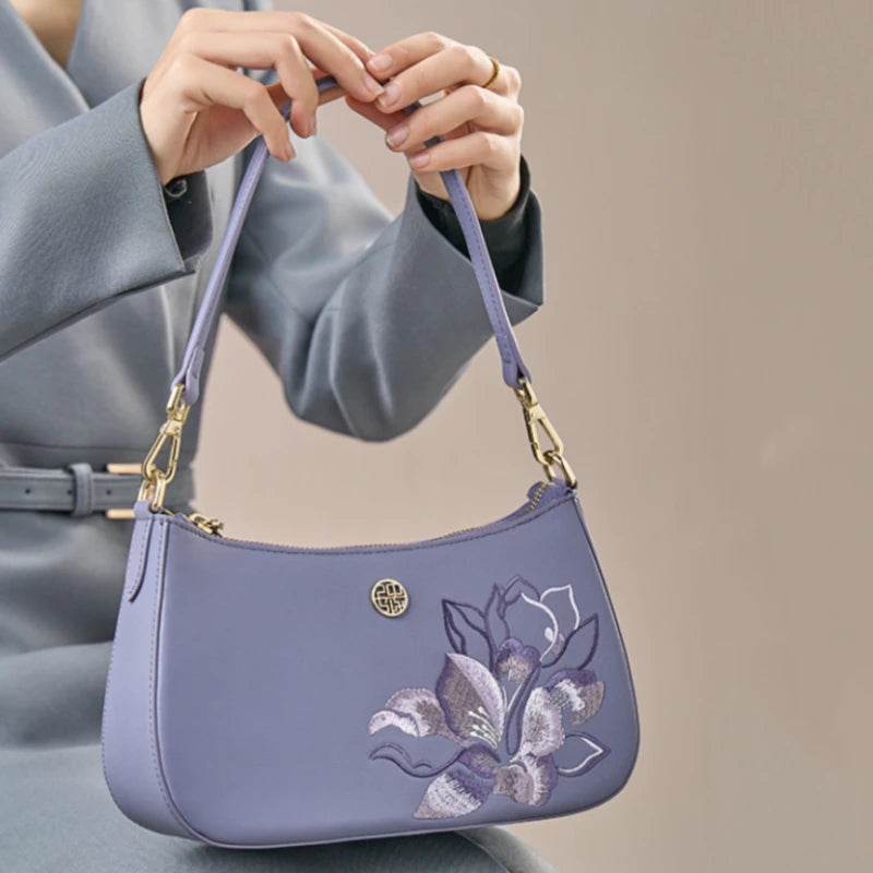 Embroidery Leather Red Shoulder Bag Peony Women's Hobo Handbag - SinoCultural -- P220212-1