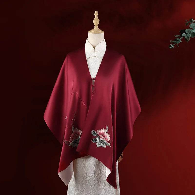 Embroidery Luxurious 16 Momme Silk Satin Red Shawl 185x45cm - SinoCultural -- LS061-1