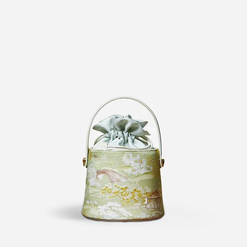 Chinese Painting Mulberry Silk Green Bucket Designer Handbag - SinoCultural -- P17061805