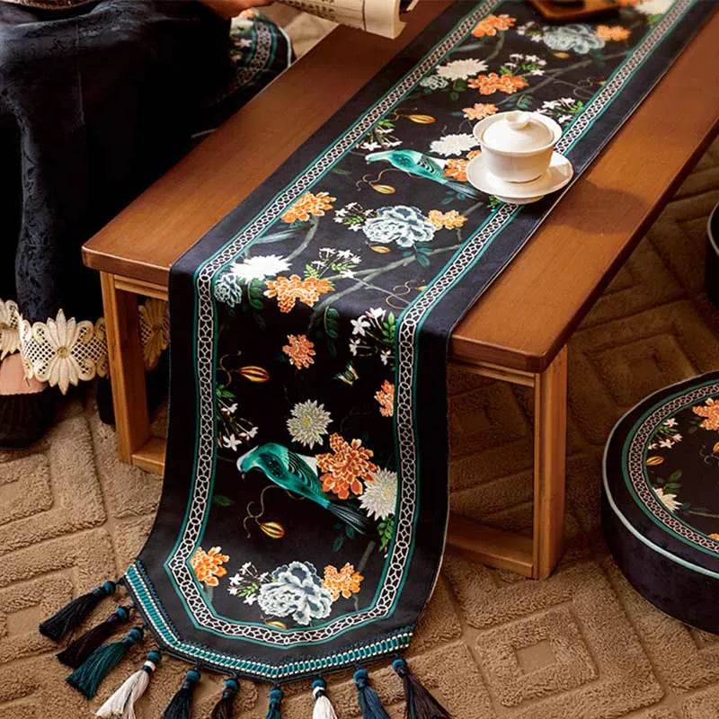 Chinoiserie Luxury Long Rectangular Black Floral Table Runner - SinoCultural -- TR026A160 -
