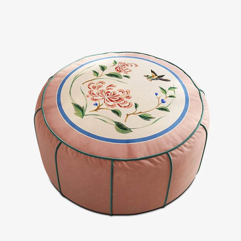 Chinoiserie Plush Flower Living Room Rest Pouf - SinoCultural -- B48J0037-2-C