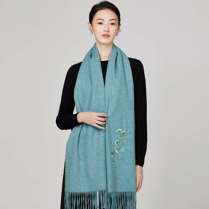 Handmade Suzhou Embroidery Wool Cashmere Scarf Shawl for Women 200x38cm - SinoCultural -- HYFSJ055-3
