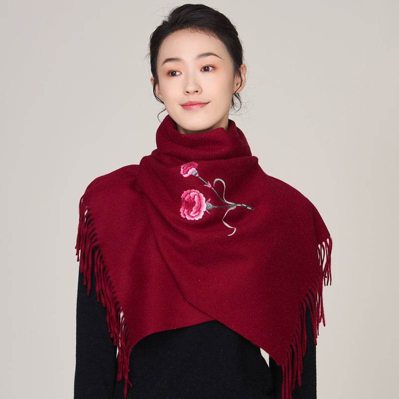 Handmade Suzhou Embroidery Wool Cashmere Scarf Shawl for Women 200x38cm - SinoCultural -- HYFSJ056-1