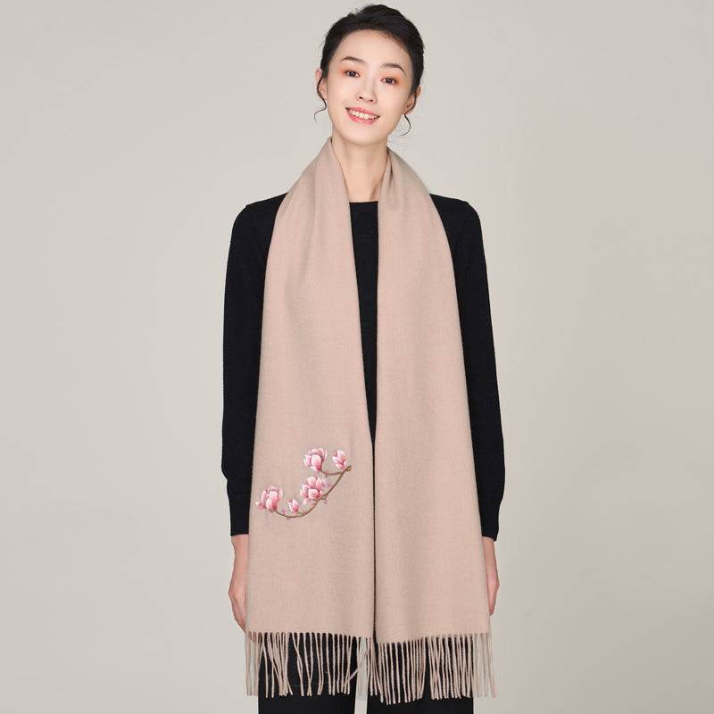 Handmade Suzhou Embroidery Wool Cashmere Scarf with Magnolia Flower 200x38cm - SinoCultural -- HYFSJ057-2