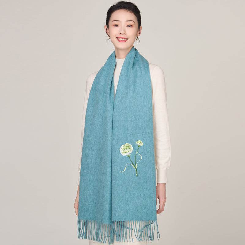 Handmade Suzhou Embroidery Wool Cashmere Scarf Shawl for Women 200x38cm - SinoCultural -- HYFSJ056-1