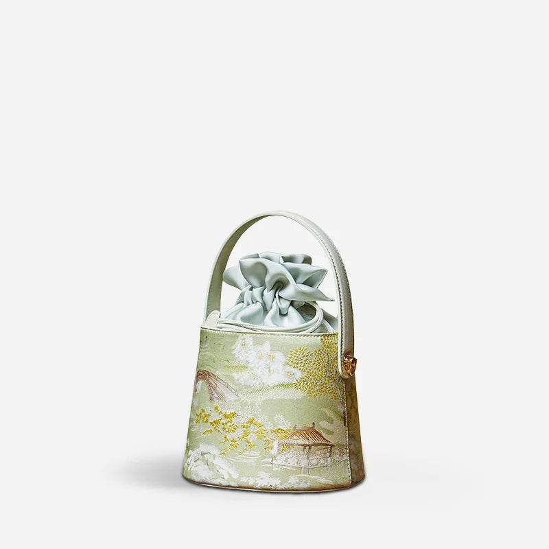 Chinese Painting Mulberry Silk Green Bucket Designer Handbag - SinoCultural -- P17061805