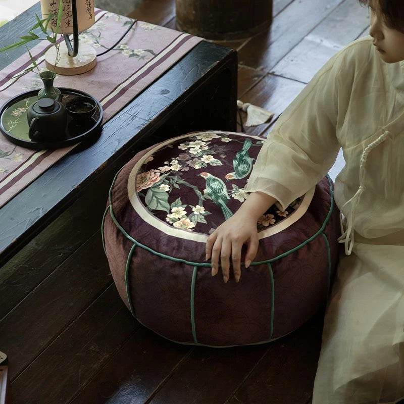 Chinoiserie Plush Flower Purple Living Room Rest Pouf - SinoCultural -- B48J0031-1-C