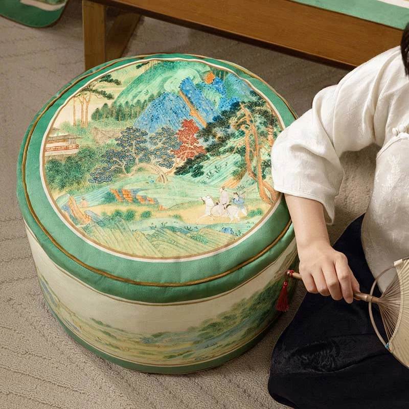 Chinoiserie Plush Green Living Room Rest Pouf - SinoCultural -- B48J0033-C