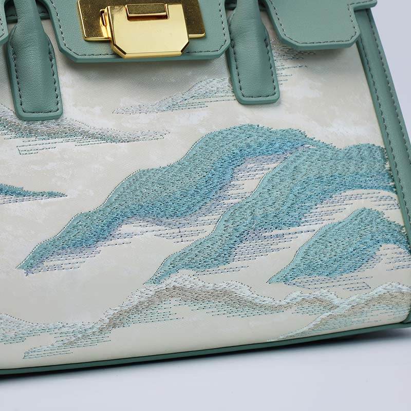 Embroidery Leather Elegant Birkin Handbag Cloud Mountain - SinoCultural -- P120659-1 -