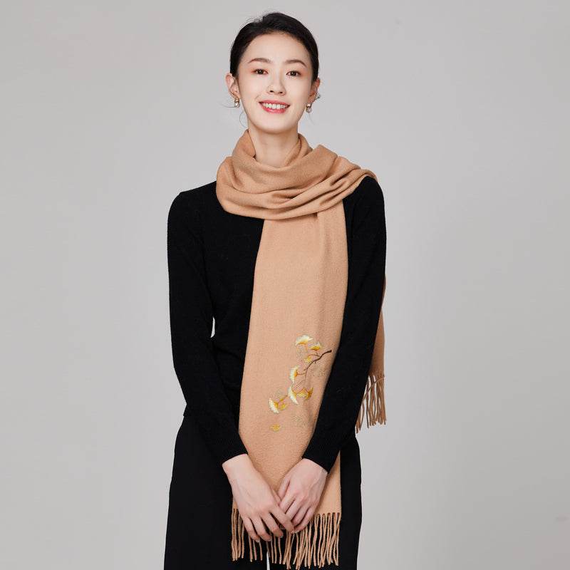 Handmade Suzhou Embroidery Wool Cashmere Scarf Shawl for Women 200x38cm - SinoCultural -- HYFSJ055-3
