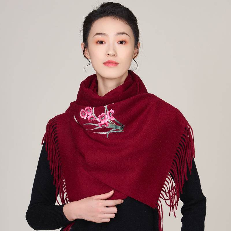 Handmade Suzhou Embroidery Wool Cashmere Scarf with Narcissus Flower 200x38cm - SinoCultural -- HYFSJ058-4