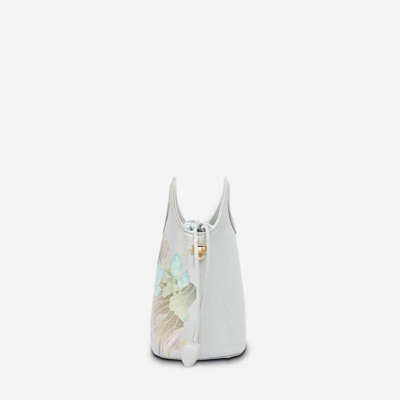 Printed Jacquard Lotus Gray Drawstring Bucket Bag - SinoCultural