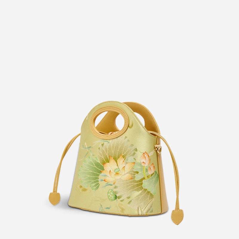 Printed Jacquard Lotus Green Drawstring Bucket Bag - SinoCultural -- LD120670-2 -