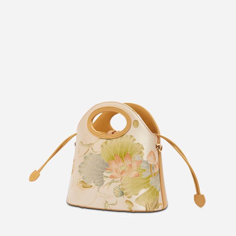 Printed Jacquard Lotus Khaki Drawstring Bucket Bag - SinoCultural