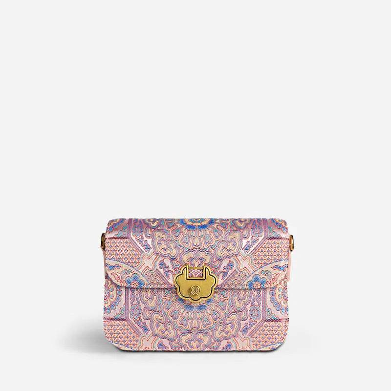 Song Brocade Leather Luxurious Powder Pink Clutch Handbag - SinoCultural -- W2144-2