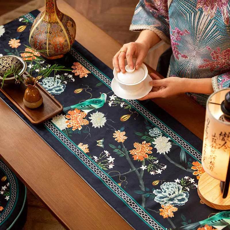 Chinoiserie Luxury Long Rectangular Black Floral Table Runner - SinoCultural -- TR026A160 -