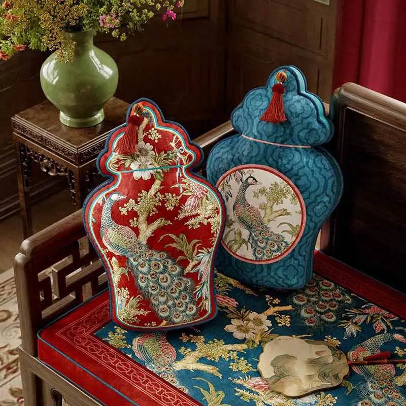 Chinoiserie Original Luxurious Vase-Shaped Peacock Lumbar Pillow - SinoCultural -- SJZBZ064A01