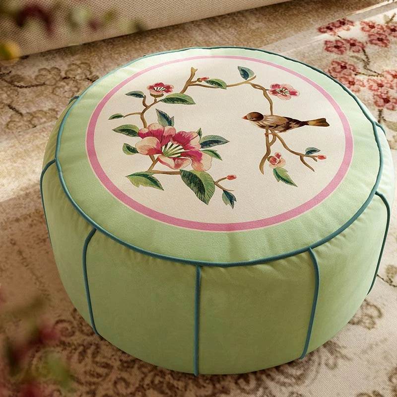 Chinoiserie Plush Flower Living Room Rest Pouf - SinoCultural -- B48J0037-2-C