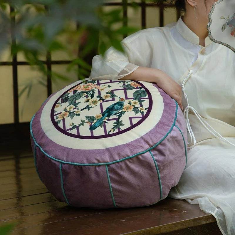 Chinoiserie Plush Flower Purple Living Room Rest Pouf - SinoCultural -- B48J0031-1-C