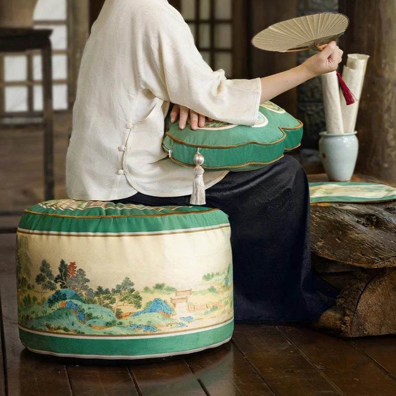 Chinoiserie Plush Green Living Room Rest Pouf - SinoCultural -- B48J0033-C -