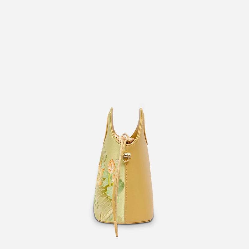 Printed Jacquard Lotus Green Drawstring Bucket Bag - SinoCultural -- LD120670-2 -