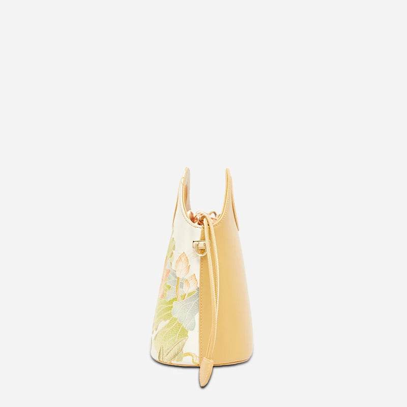 Printed Jacquard Lotus Khaki Drawstring Bucket Bag - SinoCultural