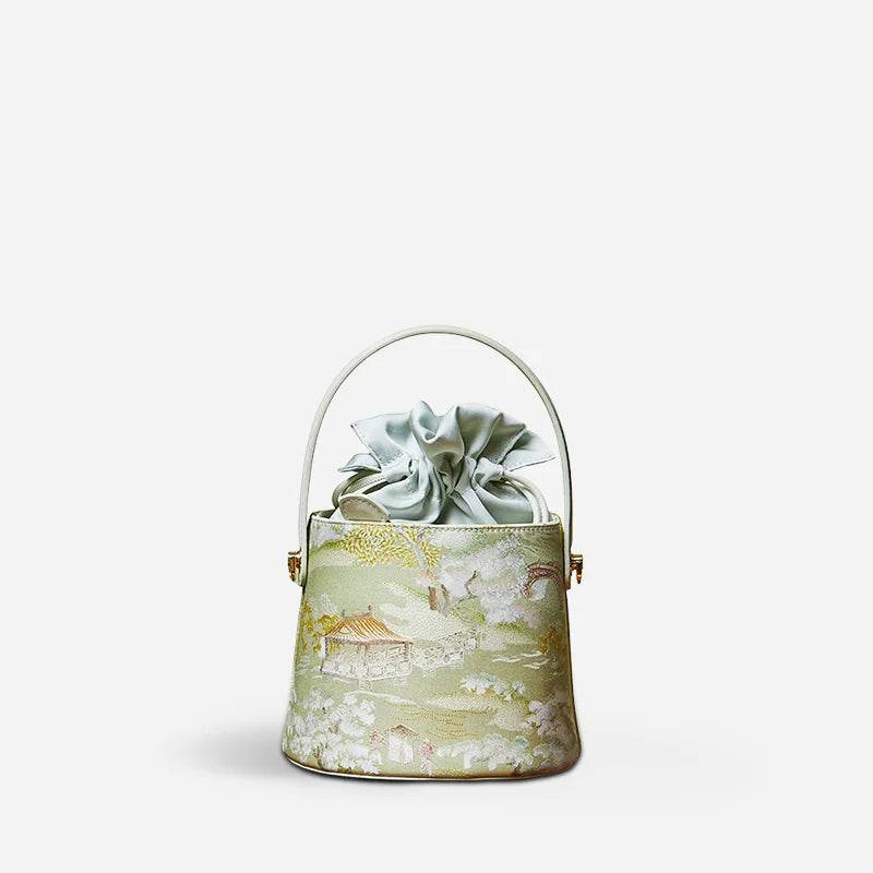Chinese Painting Mulberry Silk Green Bucket Designer Handbag - SinoCultural -- P17061805