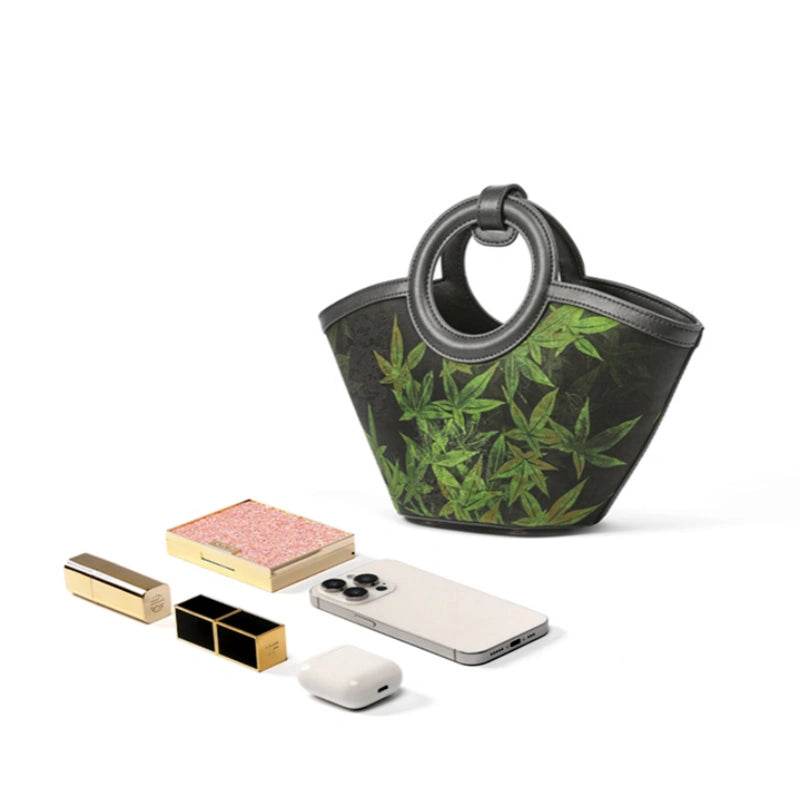 Xiangyunsha Silk Black Maple Leaves Basket Bag - SinoCultural -- P120497