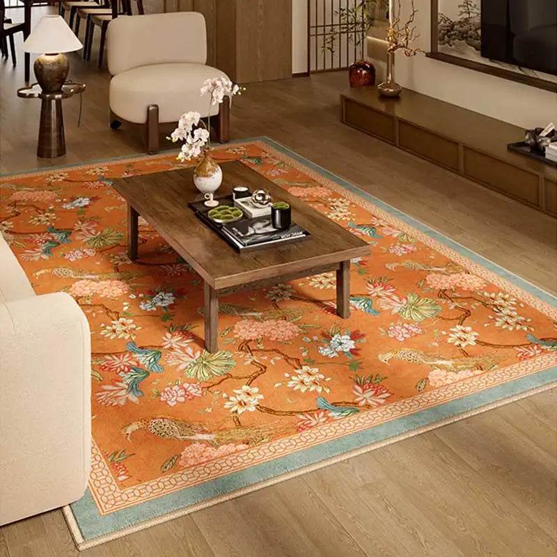 Chinoiserie Luxury Orange Natural Cotton Living Room Rug - SinoCultural -- LZ004A140