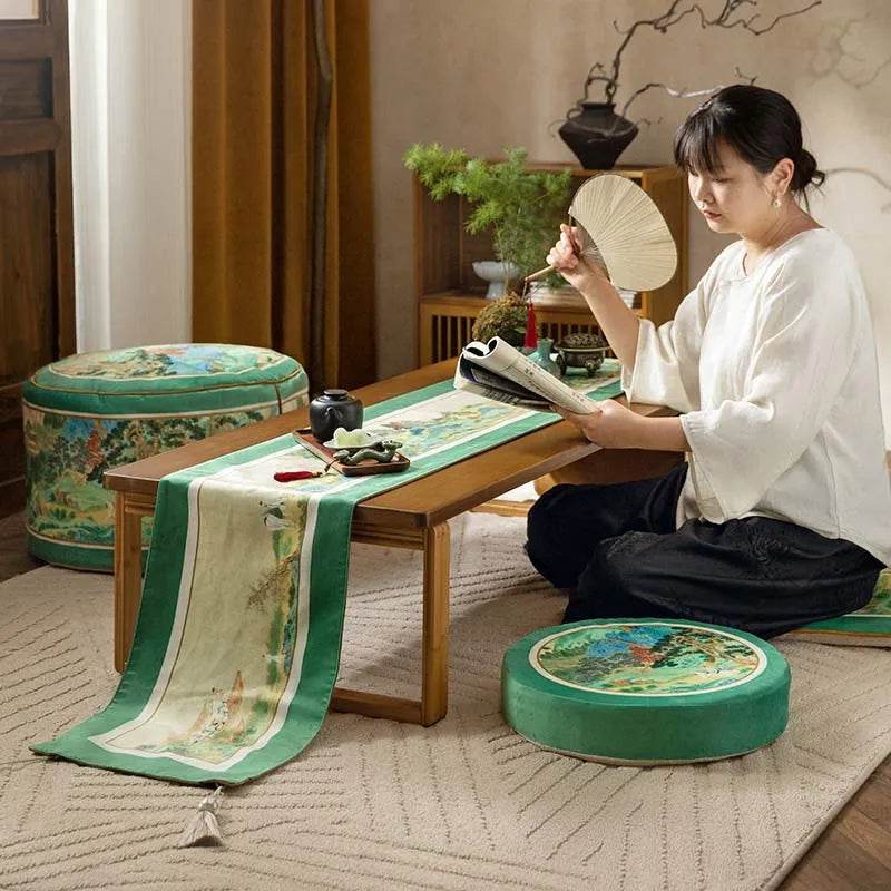 Chinoiserie Elegant Green Mountain Tea Table Runner - SinoCultural -- TR029A160 -