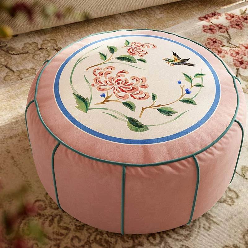 Chinoiserie Plush Flower Living Room Rest Pouf - SinoCultural -- B48J0037-2-C