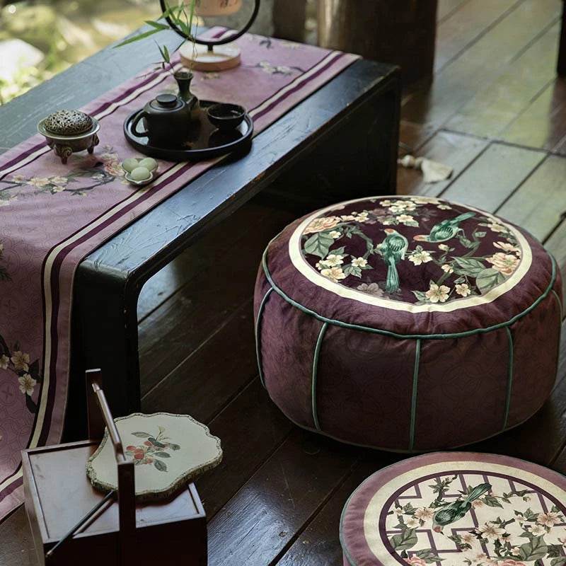 Chinoiserie Plush Flower Purple Living Room Rest Pouf - SinoCultural -- B48J0031-1-C