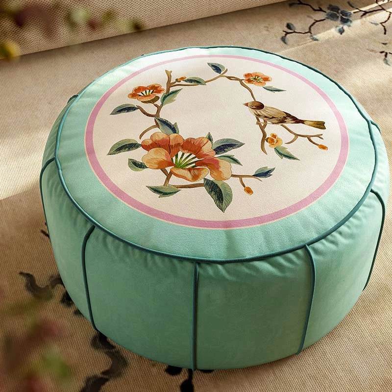 Chinoiserie Plush Green Living Room Rest Pouf - SinoCultural -- B48J0039-1-C