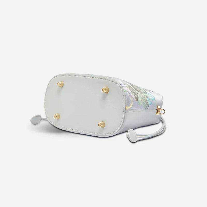 Printed Jacquard Lotus Gray Drawstring Bucket Bag - SinoCultural
