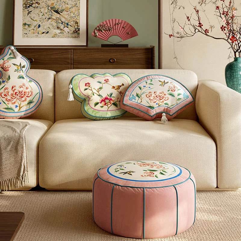 Chinoiserie Plush Flower Living Room Rest Pouf - SinoCultural -- B48J0037-2-C