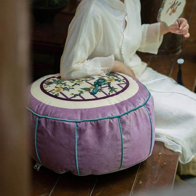 Chinoiserie Plush Flower Purple Living Room Rest Pouf - SinoCultural -- B48J0031-1-C