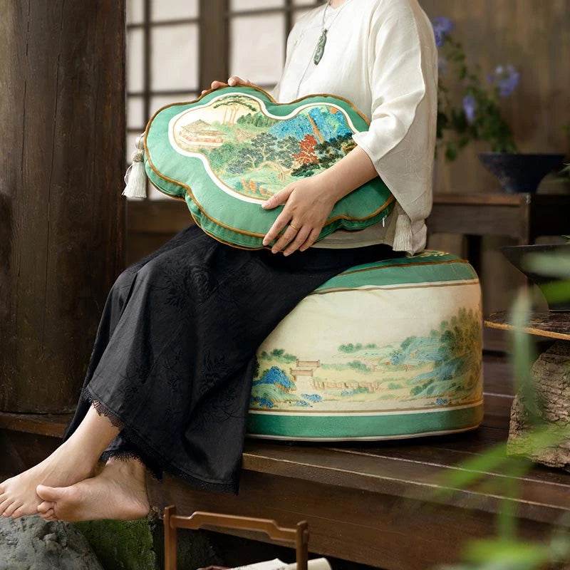 Chinoiserie Plush Green Living Room Rest Pouf - SinoCultural -- B48J0033-C -