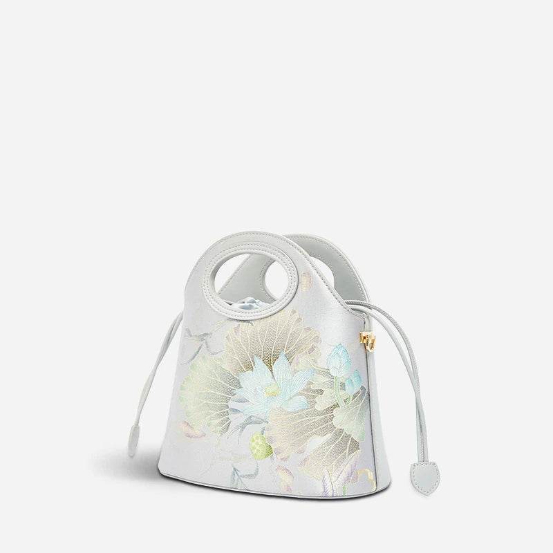 Printed Jacquard Lotus Gray Drawstring Bucket Bag - SinoCultural