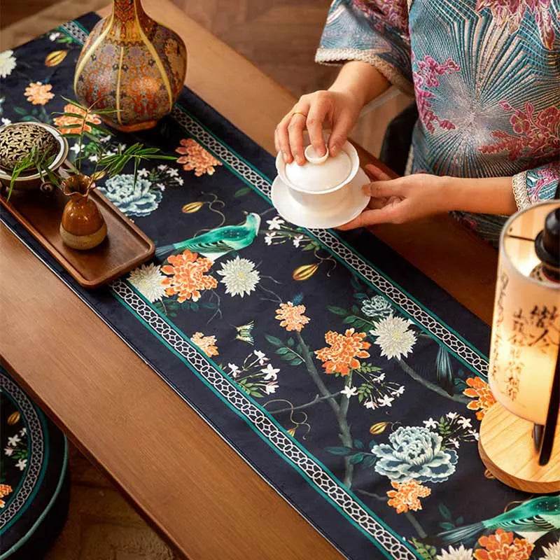 Chinoiserie Luxury Long Rectangular Black Floral Table Runner - SinoCultural -- TR026A160 -