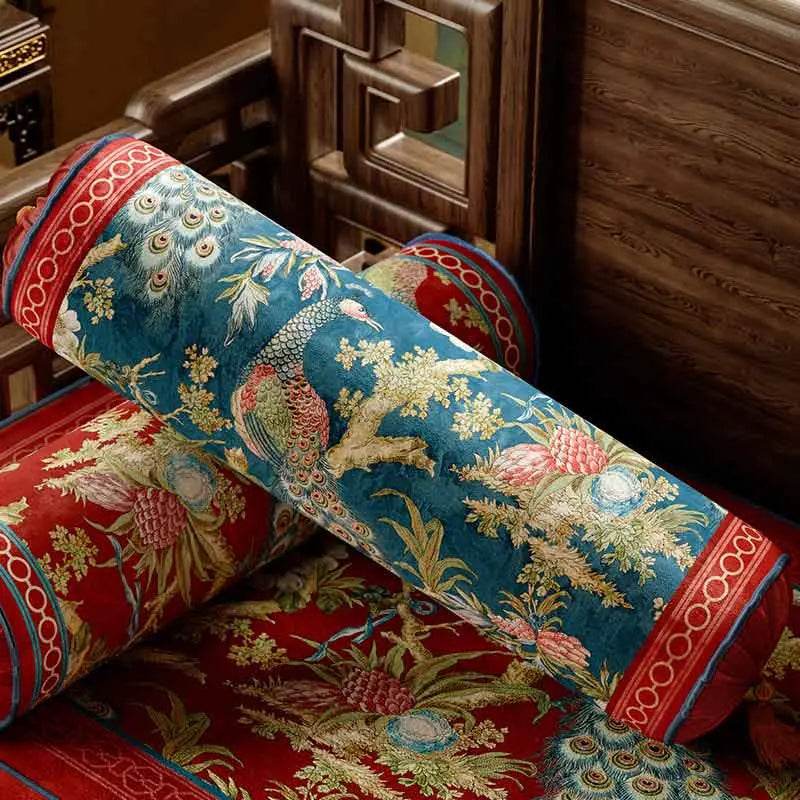 Chinoiserie Original Luxurious Vase-Shaped Peacock Lumbar Pillow - SinoCultural -- SJZBZ064A01