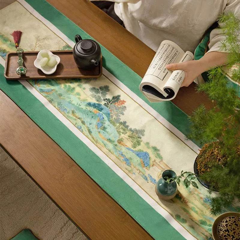 Chinoiserie Elegant Green Mountain Tea Table Runner - SinoCultural -- TR029A160 -